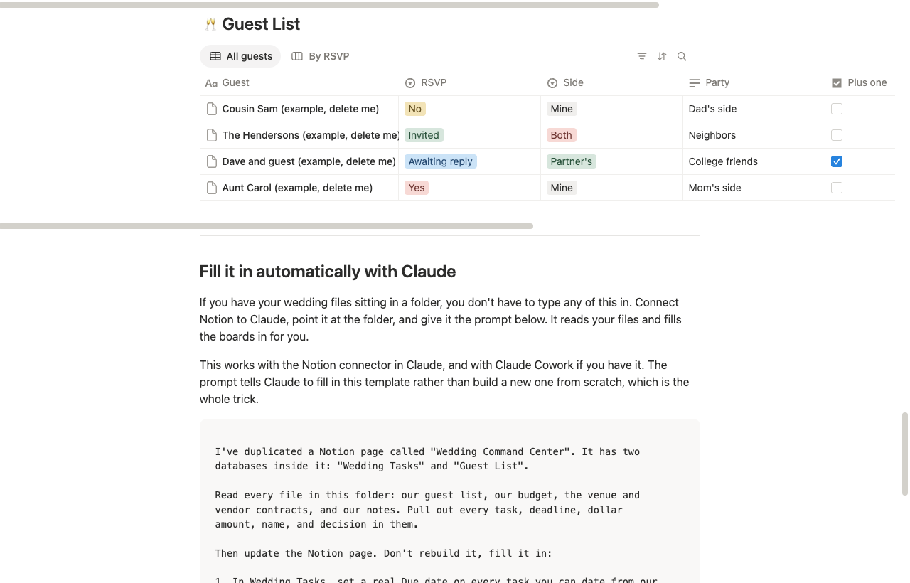 guest list: rsvps, sides, parties, plus ones. and below it, the claude prompt that fills the whole thing in